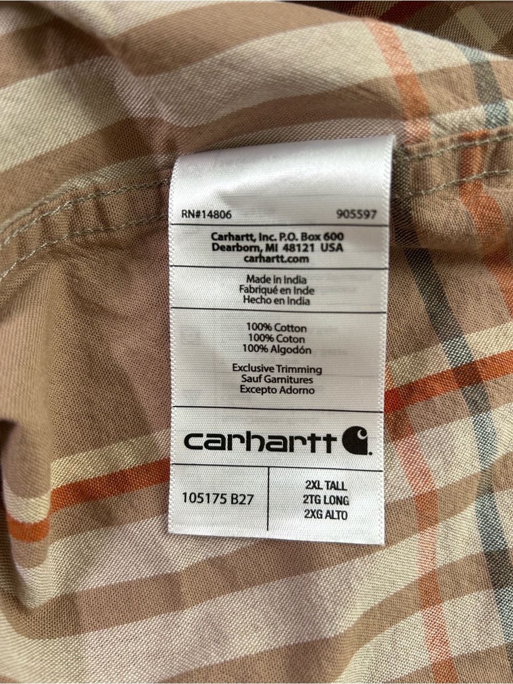 Carhartt Shirt Mens 2XL Tall Plaid Loose Fit Midweight Short Sleeve 105175-B27 - Picture 8 of 9
